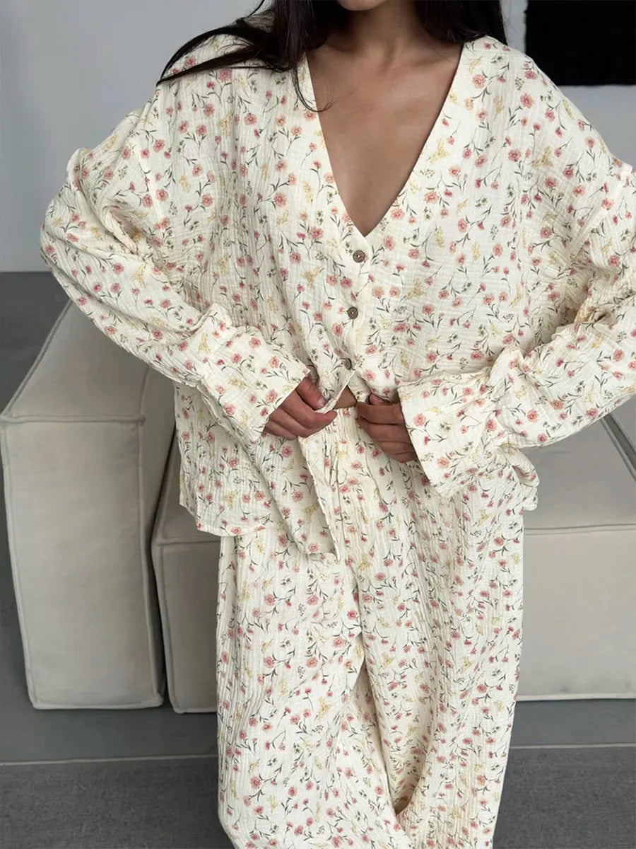 Muzuleva 100% Cotton Printed Cardigan Pajama Set Women's New Autumn Long Sleeved Pants Pajamas Loose Home Clothing 2-piece Set