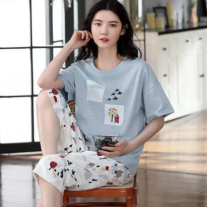 Summer New Girls Short-Sleeved 7 Pants Set Korean Version of the Thin Section of the United States Girls Casual Printing Pajamas Blue