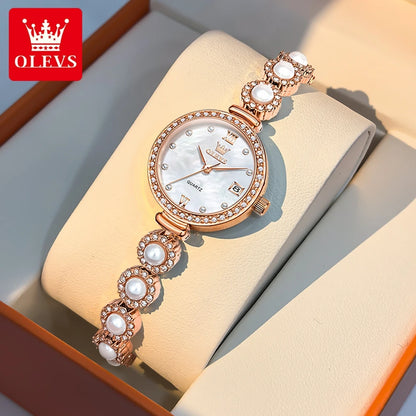 OLEVS 5635 Fully Diamond Pearl Hand Chain Watch Fashion Elegant Waterproof Women's Watches Original Quartz Wrist Watch for Women Rose White