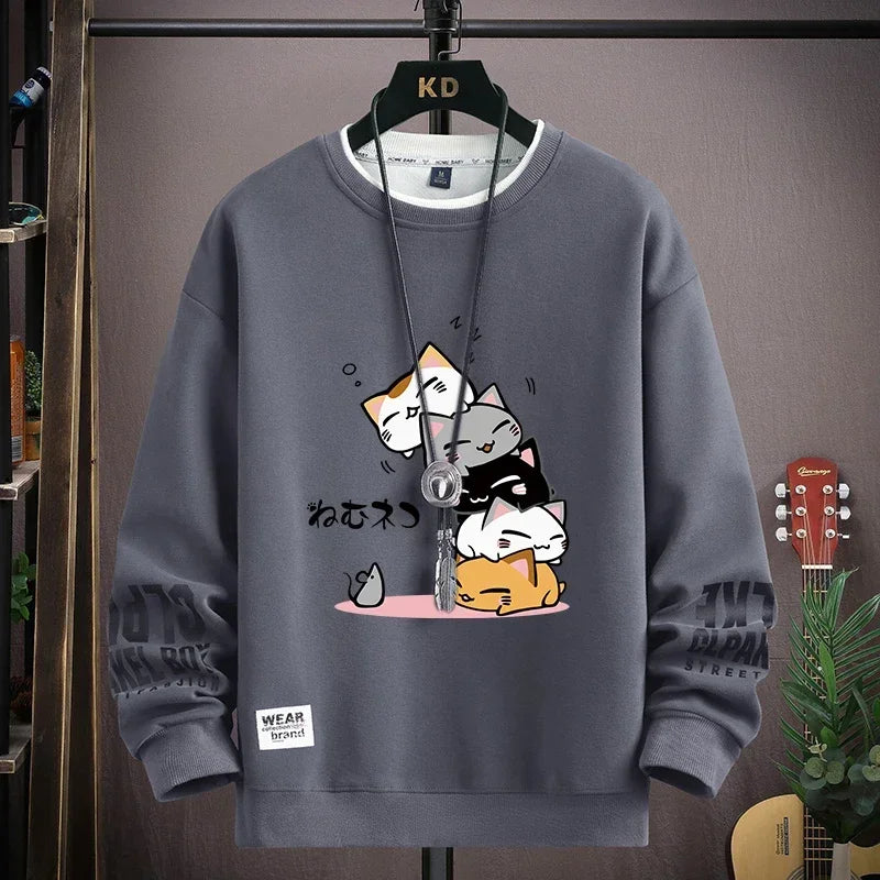Spring Men's Sweatshirt Japan Cartoon Cats Printed Long Sleeve T-shirt Fashion Men's Clothing Khaki O Neck Harajuku Top 2024 New ND047-Grey
