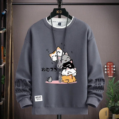Spring Men's Sweatshirt Japan Cartoon Cats Printed Long Sleeve T-shirt Fashion Men's Clothing Khaki O Neck Harajuku Top 2024 New ND047-Grey