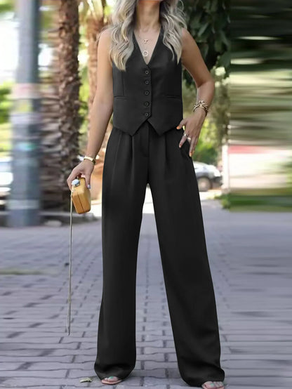 casual sleeveless suit set office lady spring summer elegant slim v-neck blazer tops pants two piece set women outfit 2024 black
