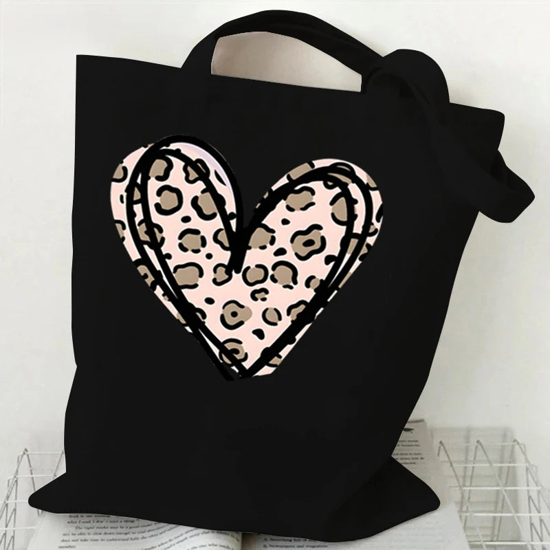 Fashion Love Heart Print Ladies Canvas Tote Casual Shoulder Bag Eco Large Capacity Portable Travel Shopping Bag Purses Handbags 1