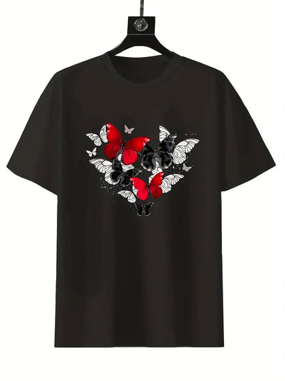 Women's Red Butterfly Heart Print T-Shirt Short Sleeve Round Neck Casual Top for Spring Summer & All-Season Wear Badiee Stylez