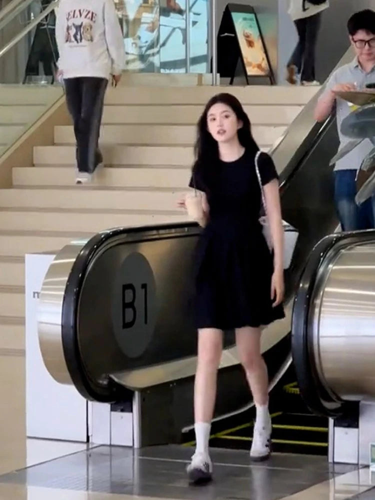 Women's Petite Black Summer Dress Round Collar Short Sleeve Slimming A-Line Mini Streetwear French Elegant LBD for Juniors