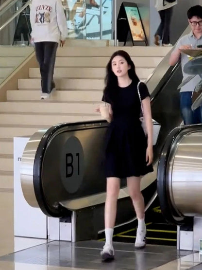 Women's Petite Black Summer Dress Round Collar Short Sleeve Slimming A-Line Mini Streetwear French Elegant LBD for Juniors