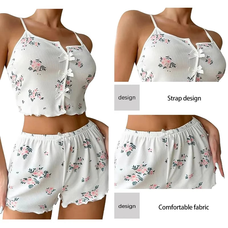 Y2K Cute Floral Print Ribbed Pajama Set Womens Cami Crop Top Shorts Two Piece Sleepwear Loungewear Set Lettuce Trim Bow Button