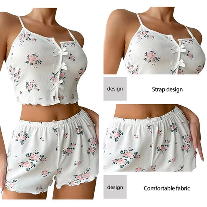 Y2K Cute Floral Print Ribbed Pajama Set Womens Cami Crop Top Shorts Two Piece Sleepwear Loungewear Set Lettuce Trim Bow Button