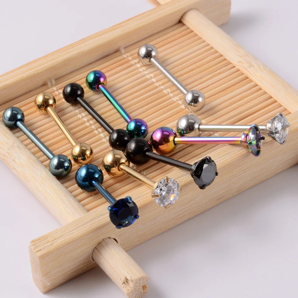 2PCS Anti-Allergy Surgical Steel  Prong Zircon Tongue Barbell Piercings Ball Tongue Barbell Rings Fashion Piercing Jewelry Badiee Stylez