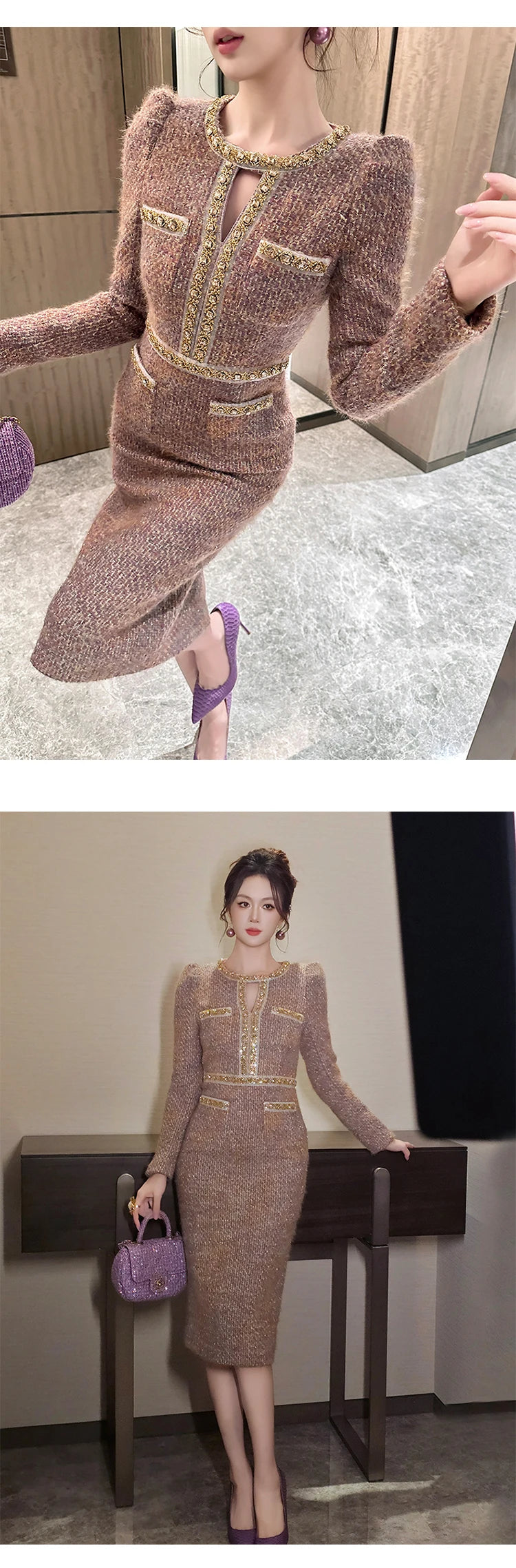 Women Clothes Vintage Tweed Hollow Sexy O-Neck Slim Midi Pencil Dress Elegant Fashion Evening Party Vestidos Formal Occasion New