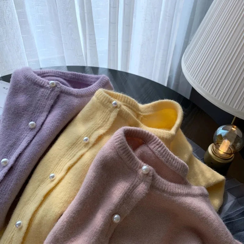 Solid Cardigan Sweater Fall Women Clothing Korean Fashion O-neck Long Sleeve Top Single Breasted Sweet Knitted Mujer Outerwear