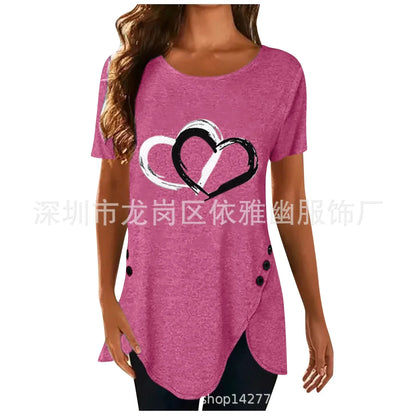 Women's Short-sleeve Heart Printed T-shirt Summer Casual Loose Long Top Tee Shirt Clothing Fashion T Shirt Streewear Oversized Red