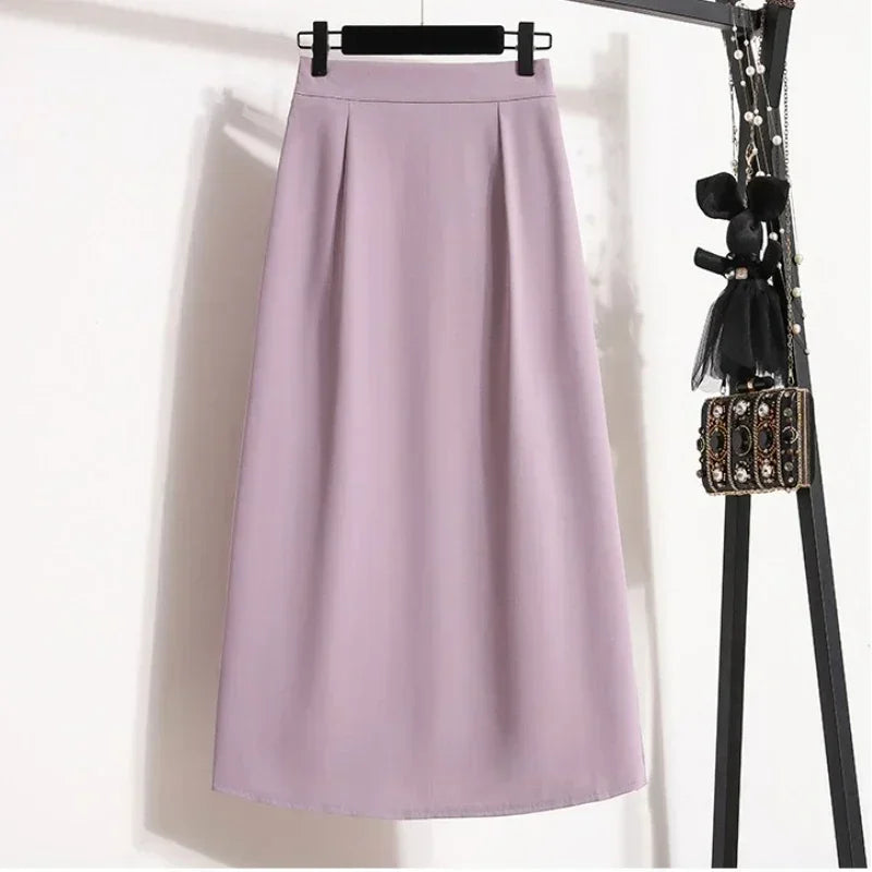 2025 Summer Female Fashionable Versatile Solid Skirts High Waisted Mid Length A-line Plus Size Skirt Split Wrap Body Skirt