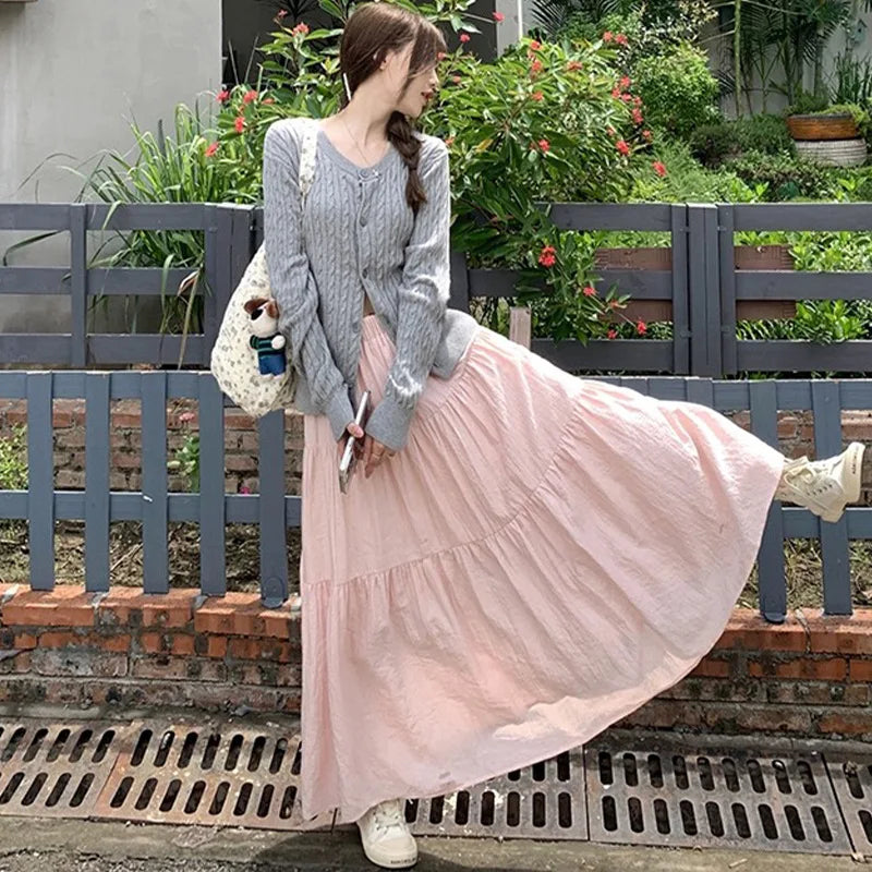 Pink midi skirt for women in spring and autumn summer 2025new high waist slimming A-line long skirt, small and fluffy cake skirt pink