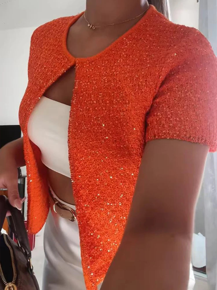 Elegant Sequined Orange Cardigans Women Y2k O-neck Short Sleeve One Button Female Tops 2025 Street Summer Lady Chic Knitwear
