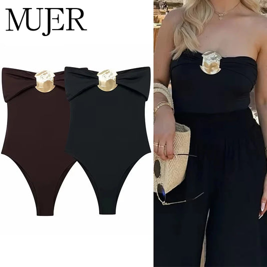 MUJER Off Shoulder Black Woman Body Sleeveless Tight Bodysuit Lingerie Sexy Backless Bodysuit Women Summer One Pieces Swimsuit