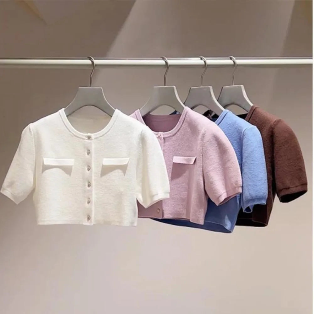 Kuzuwata Gentle Elegant O Neck Half Sleeve Jumper Knit All-match Short Preppy Literary Cardigan Japan Spring New Fresh Sweaters