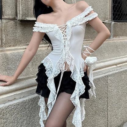 Hollow Out Lace Crop Top Women Sexy Off Shoulder Bodycon Bandage Slim Tank Tops Ladies 2024 Folds Lace-up T-shirts Femme