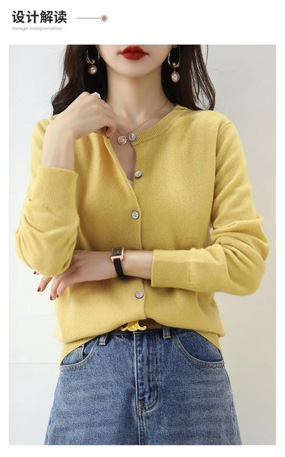 Knitted Cardigan Women's Sweater Autumn And Winter 2022 New Solid Color Coat Round Neck Short Long Sleeve Loose Korean Fashion