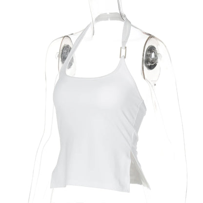 Dulzura Sleeveless Halter Side Slit Top With Button Sexy Casual Tank Party Club Streetwear Women’S Autumn Winter Clothes