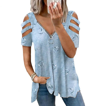 Women Summer Top V Neck Low-cut Hollow Out Short Sleeves T-shirt Match Pants Loose Plus Size Women Blouse Women Clothes Blue