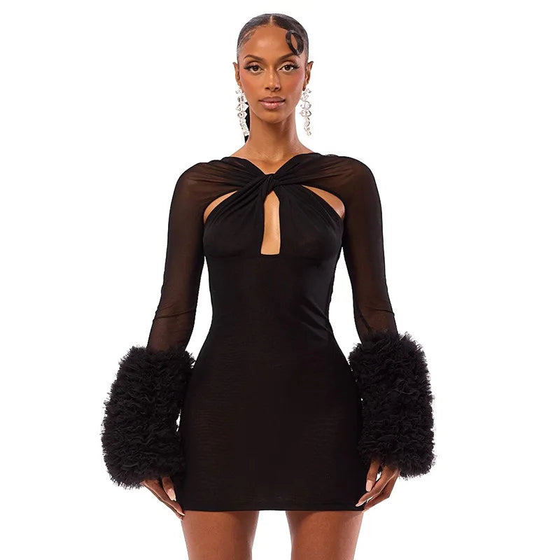 2025 Autumn Furry Patchwork Dress Women See Through Full Sleeve Sexy Hollow Cross Elegant Luxury Banquet Birthday Party Clubwear Badiee Stylez