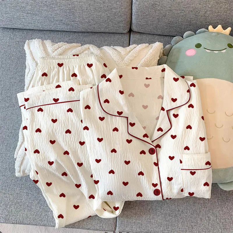 Spring and Autumn New Women's Pajamas Homewear Set Girls Gentle Wind Love Cardigan Pajamas Wrinkled Cloth Homewear Long-Sleeved