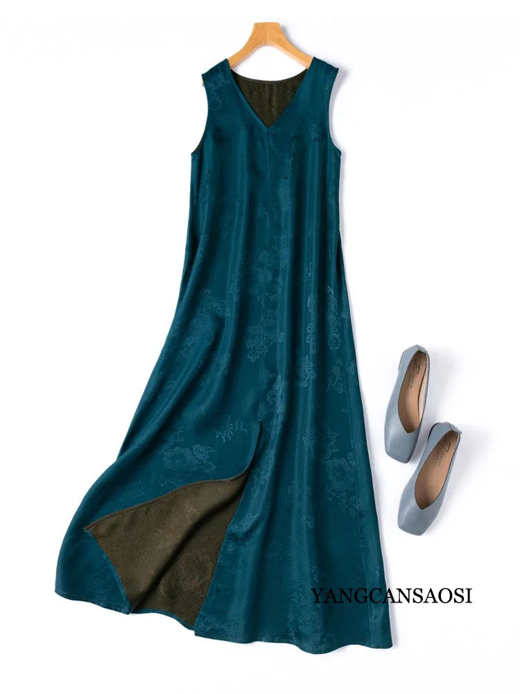2025 Women's Summer New Luxury 100% Natural Mulberry Silk Jacquard Satin V-neck Split Double Sided Sleeveless Vest Dress Badiee Stylez