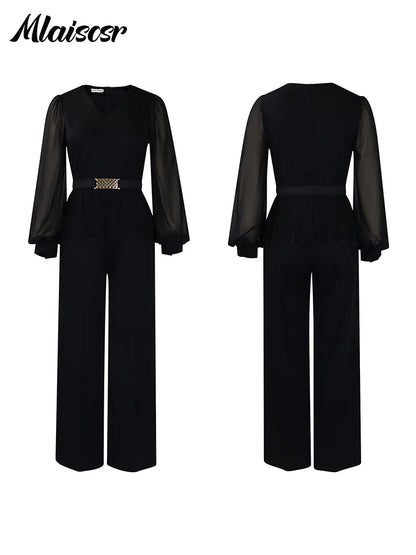 Mlaiscsr Elegant Long Sleeve V-neck Pleated Belt Top and Wide Leg Pant Matching 2 Piece Sets African Women Office Lady Outfits