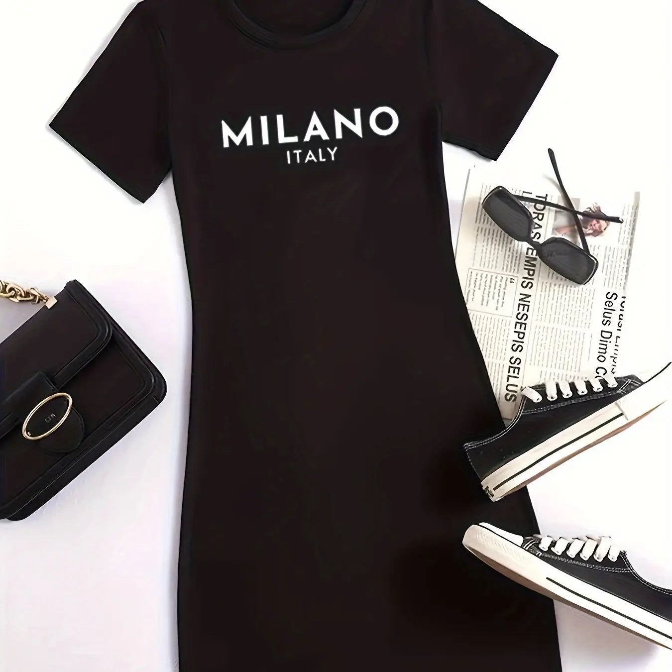 Summer new women's MILANO ITALY letter pattern cartoon print casual slim fit sexy short sleeved round neck T-shirt mini dress Badiee Stylez