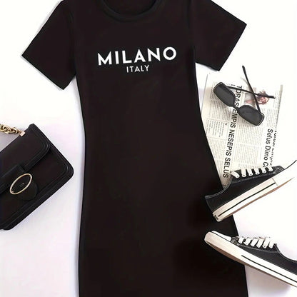Summer new women's MILANO ITALY letter pattern cartoon print casual slim fit sexy short sleeved round neck T-shirt mini dress Badiee Stylez