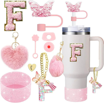 9PCS Accessory Set for Stanley Cup 30oz 40oz Butterfly Straw Cover Cap Silicone Boot Charm Initials Sticker Spill Proof Stopper Badiee Stylez