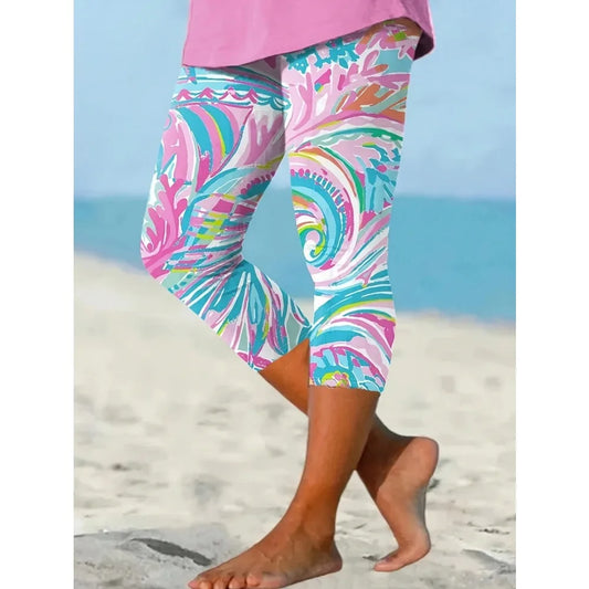 Plus Size Fashion Women's Cropped Printed trendy trousers Women's Tight Pants Seven-point Leggings MULTI