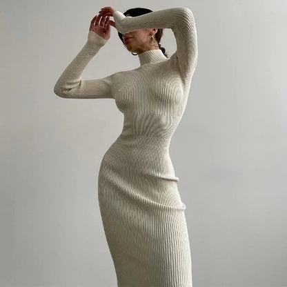 2024 New Autumn Knitted Turtleneck Dress Women Long Sleeve Bodycon Midi Dresses Female Elegant Fashion Solid Color Skinny Dress