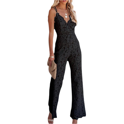 Women's Clothing Elegant Jumpsuit, Spaghetti Straps V Neck Solid Color Lace Open Back Wide-leg Jumpsuits Long Playsuit Badiee Stylez