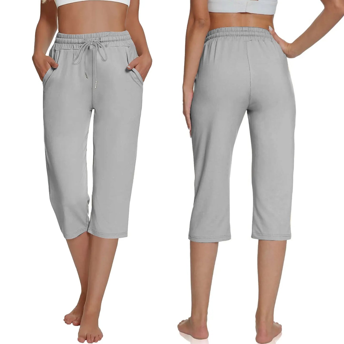 Solid Color Simple Classic Cropped Capris Pants For Women Summer Fashion Slimming Daily Versatile Sports Elastic Short Pants Light Gray