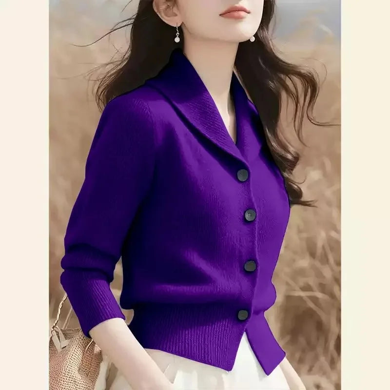 2025 New Spring Autumn Turndown Collar High End Women Knitt Cardigan Sweater Fashion Korean Version Female Knitwear Tops Purple CHINA