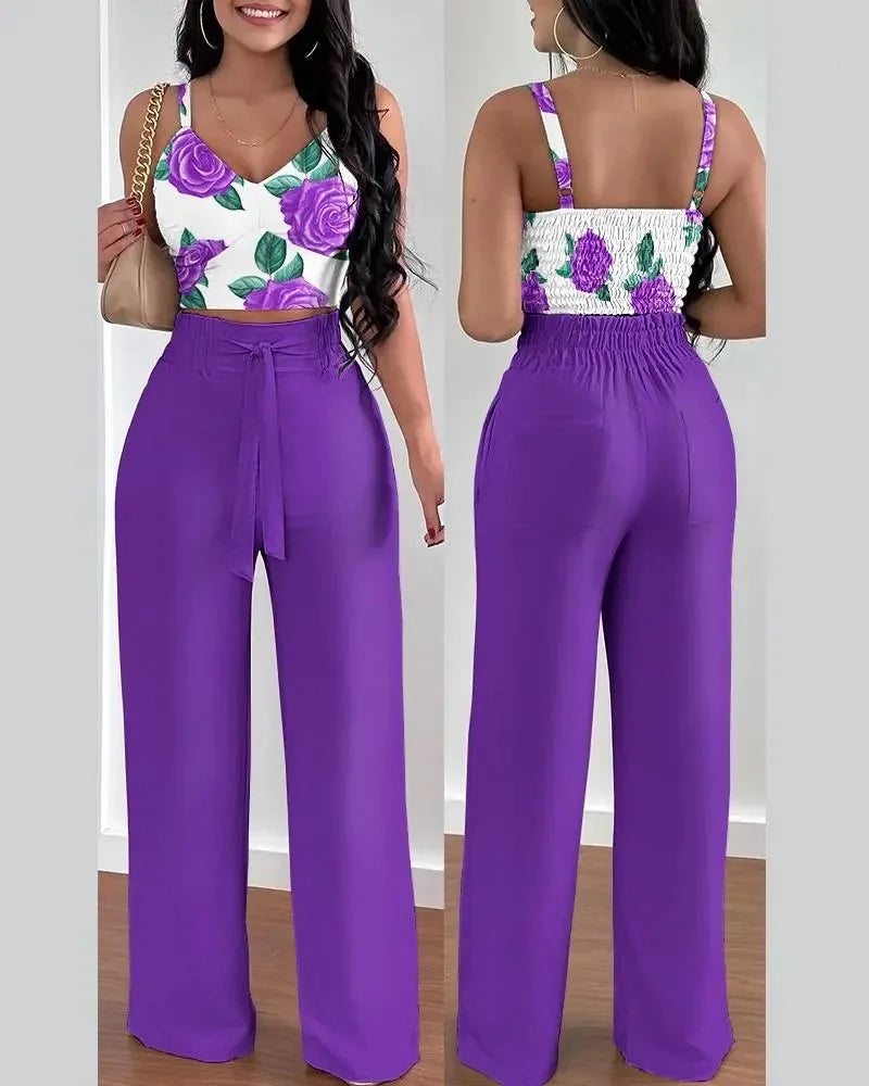 2025 Conjuntos Para Mujeres 2 Piezas Women V-neck Two-piece Set Backless Sleeveless Long Pants Casual 2 Piece Sets Women Outfit PURPLE