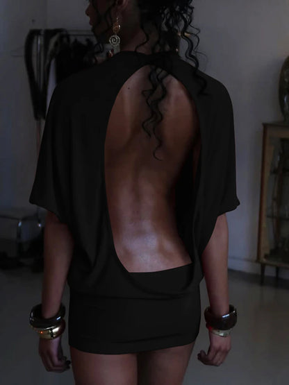 Cutenew Solid Backless Women Mini Dress Trend Summer Sexy Chic Half Sleeve Crew Neck Body-shaping Frock Mujer Simple Party Wear