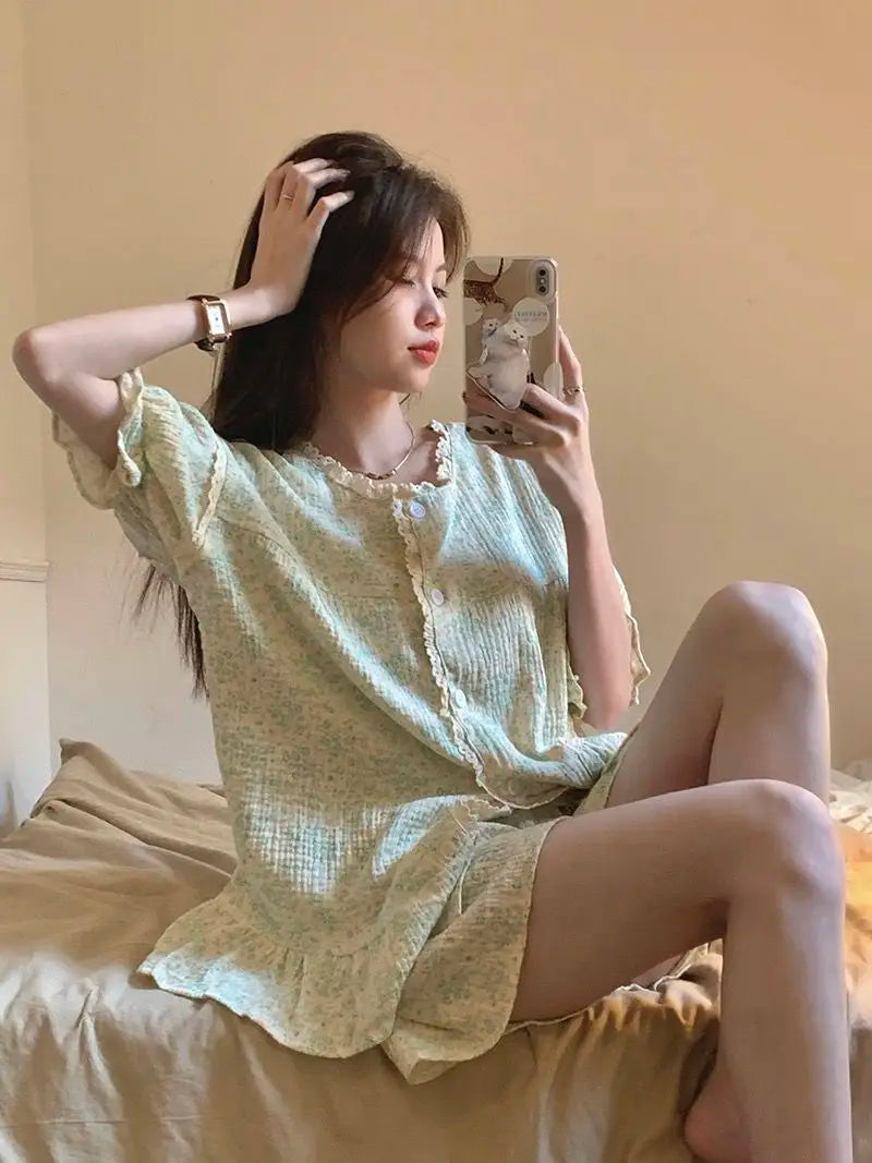 Ruffles Women Pajamas Sets for Home Summer Floral Sleepwear Shorts Sleeve Lace 2 Pieces Button Night Wears Korean Home Suit 2024