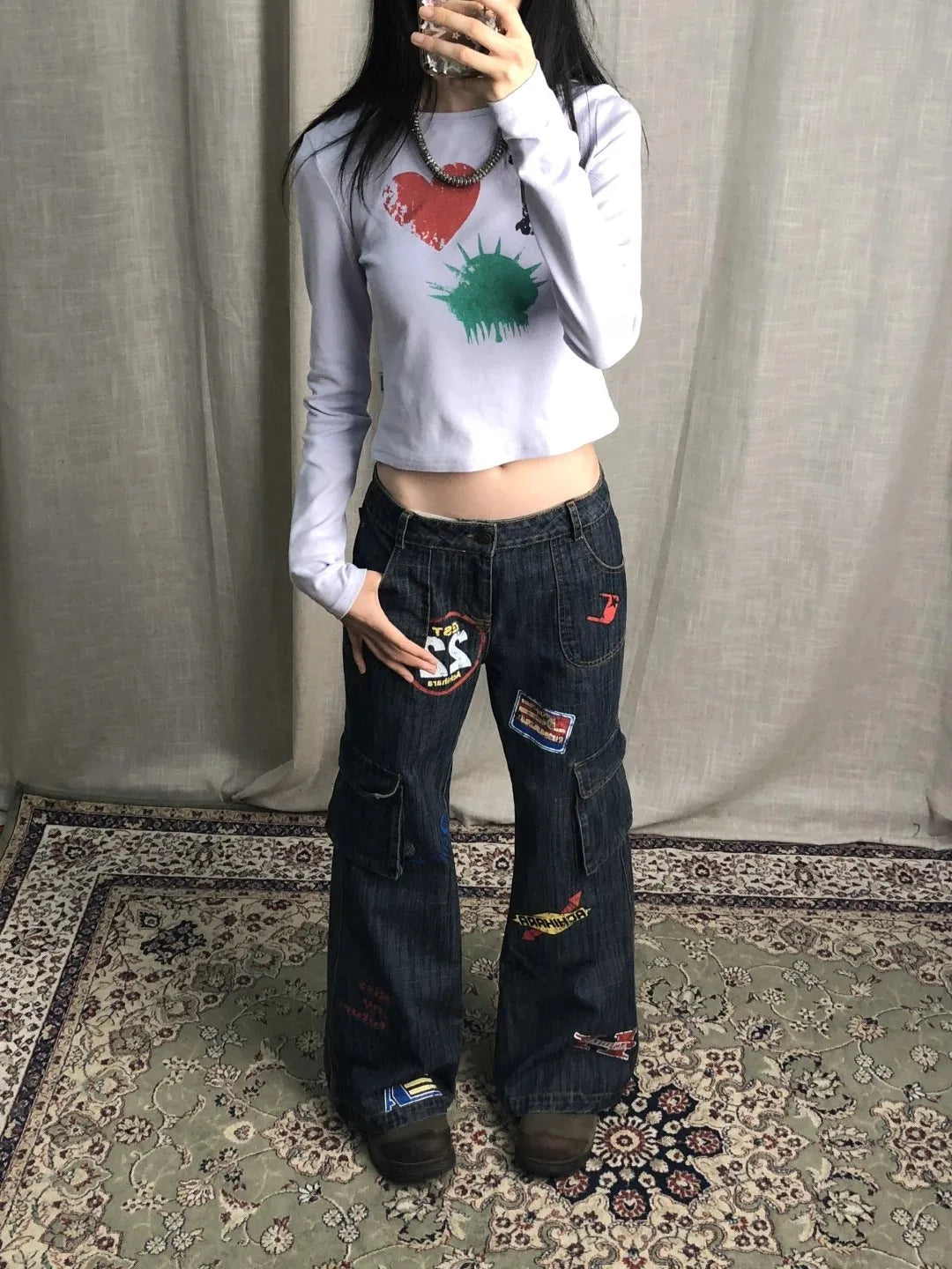 Karrram Vinatge Y2k Baggy Jeans Japanese 2000s Style High Waist Flared Jeans American Retro Denim Cargo Pants Harajuku Trousers