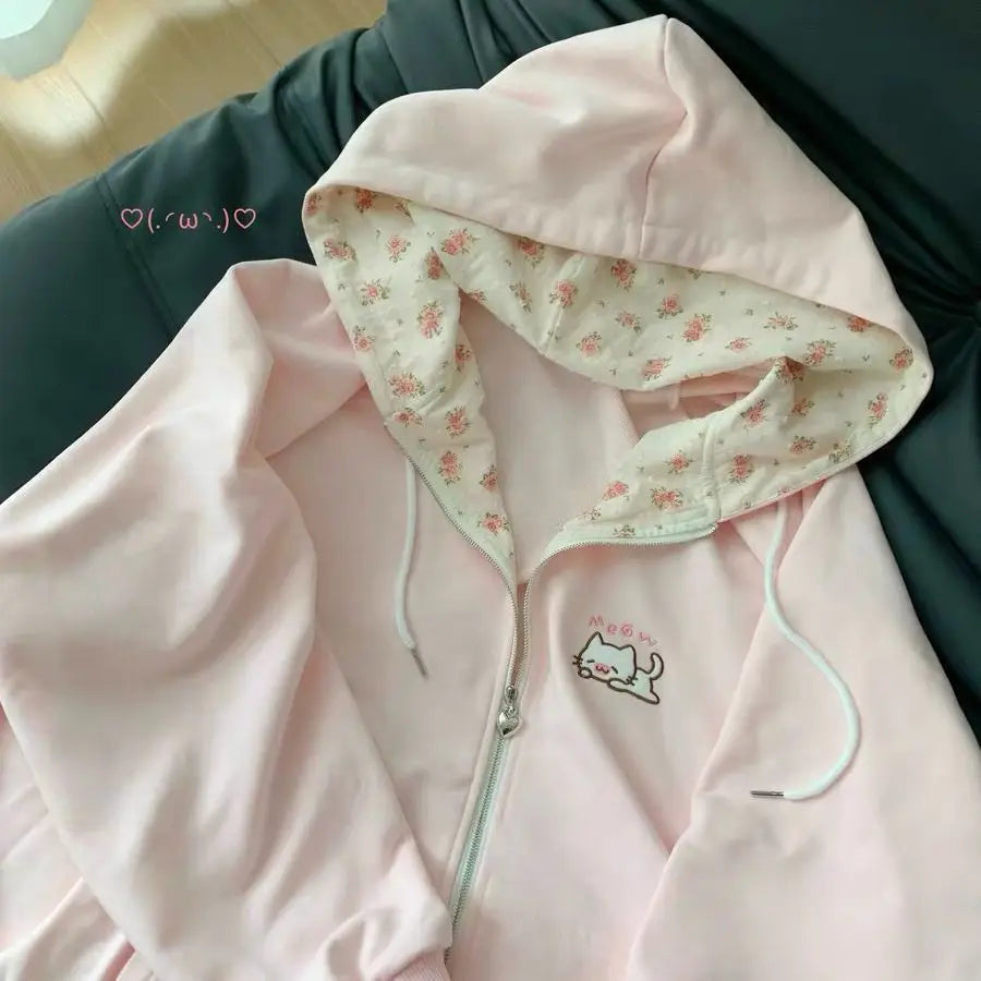 Harajuku Korean Kawaii Hooded Coat Women Thin Long Sleeve Zipper Cardigan Y2K Streetwear New Mid-length Loose Jackets
