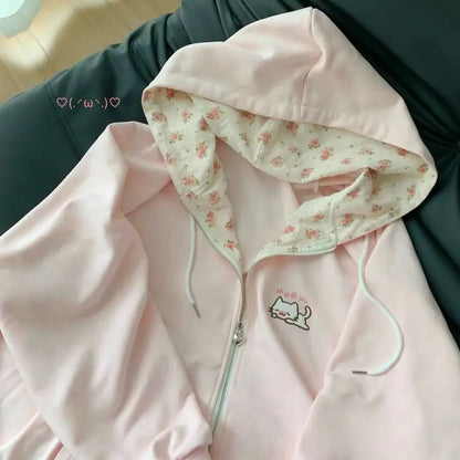 Harajuku Korean Kawaii Hooded Coat Women Thin Long Sleeve Zipper Cardigan Y2K Streetwear New Mid-length Loose Jackets