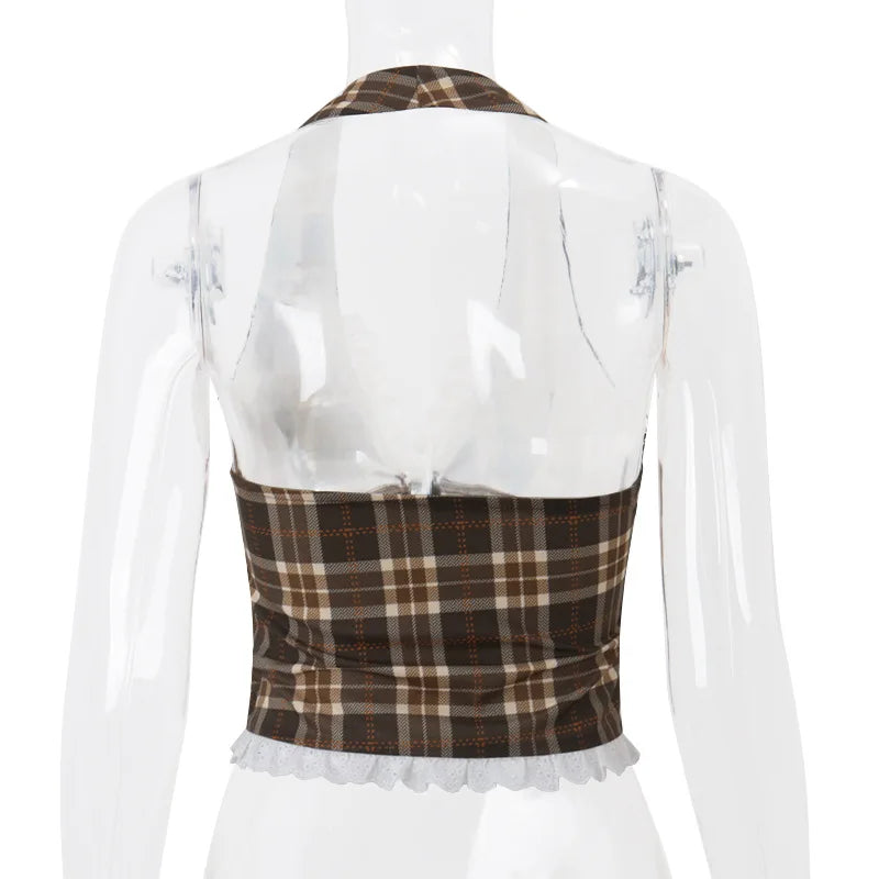 Candyhot Plaid Vintage Lace French Style Halter Crop Tops Retro Backless Sleeveless V-neck Slim Tops Casual Streetwear Camisole