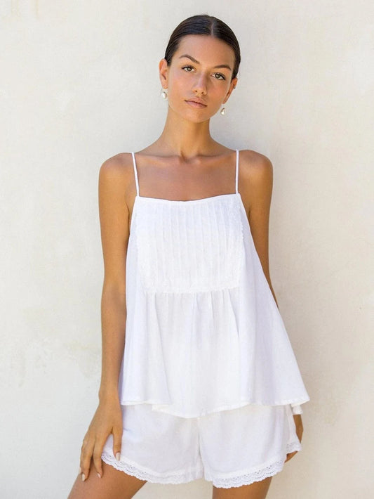 Marthaqiqi Cotton Women'S Nightwear Set Sexy Spaghetti Strap Sleepwear Tank Tops Nightie Backless Nightgowns Shorts Pajamas Suit WHITE CN