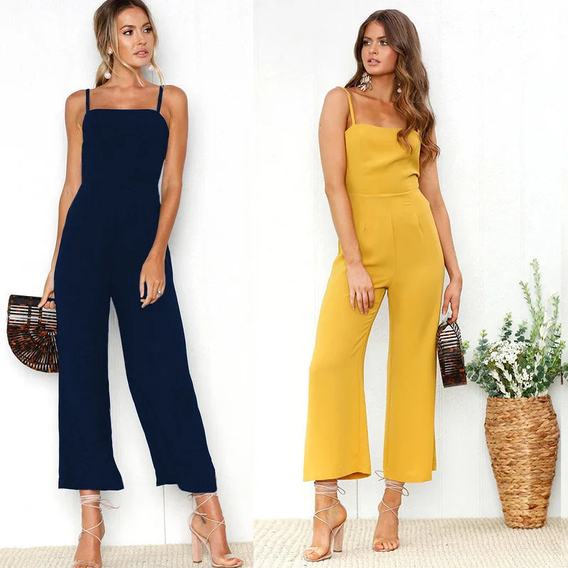Women's Wide-legged Long Jumpsuit Spring Summer Solid Color Sexy Chest-wrapped Zipper Suspenders New 2024 Lady Slim Jumpsuit