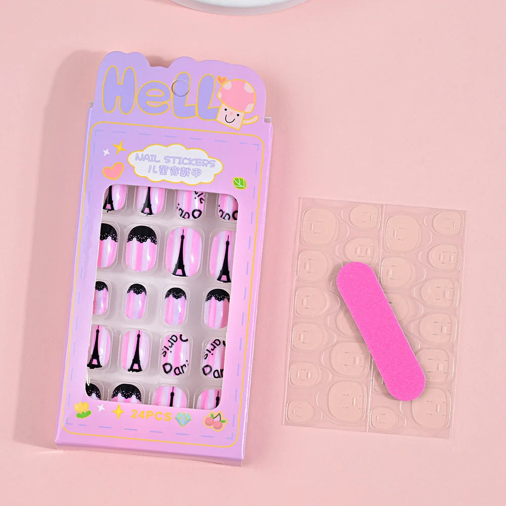 24Pcs Children Cartoon Nail Tips Colorful Cute Rabbit Pink Stars 6-14 Years old Girl Fake Nail With Jelly Glue Kids False Nail TC0019-2