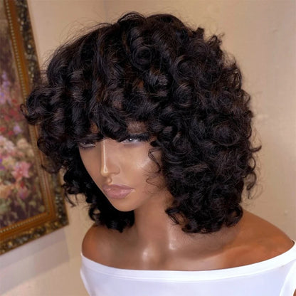 300% Pixie Cut Human Hair Wigs For Women Afro Rose Curly Funmi Glueless Wigs Human Hair Short Bouncy Curly Bob Wig With Bangs Badiee Stylez