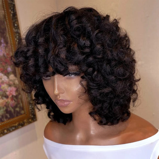 300% Pixie Cut Human Hair Wigs For Women Afro Rose Curly Funmi Glueless Wigs Human Hair Short Bouncy Curly Bob Wig With Bangs Badiee Stylez