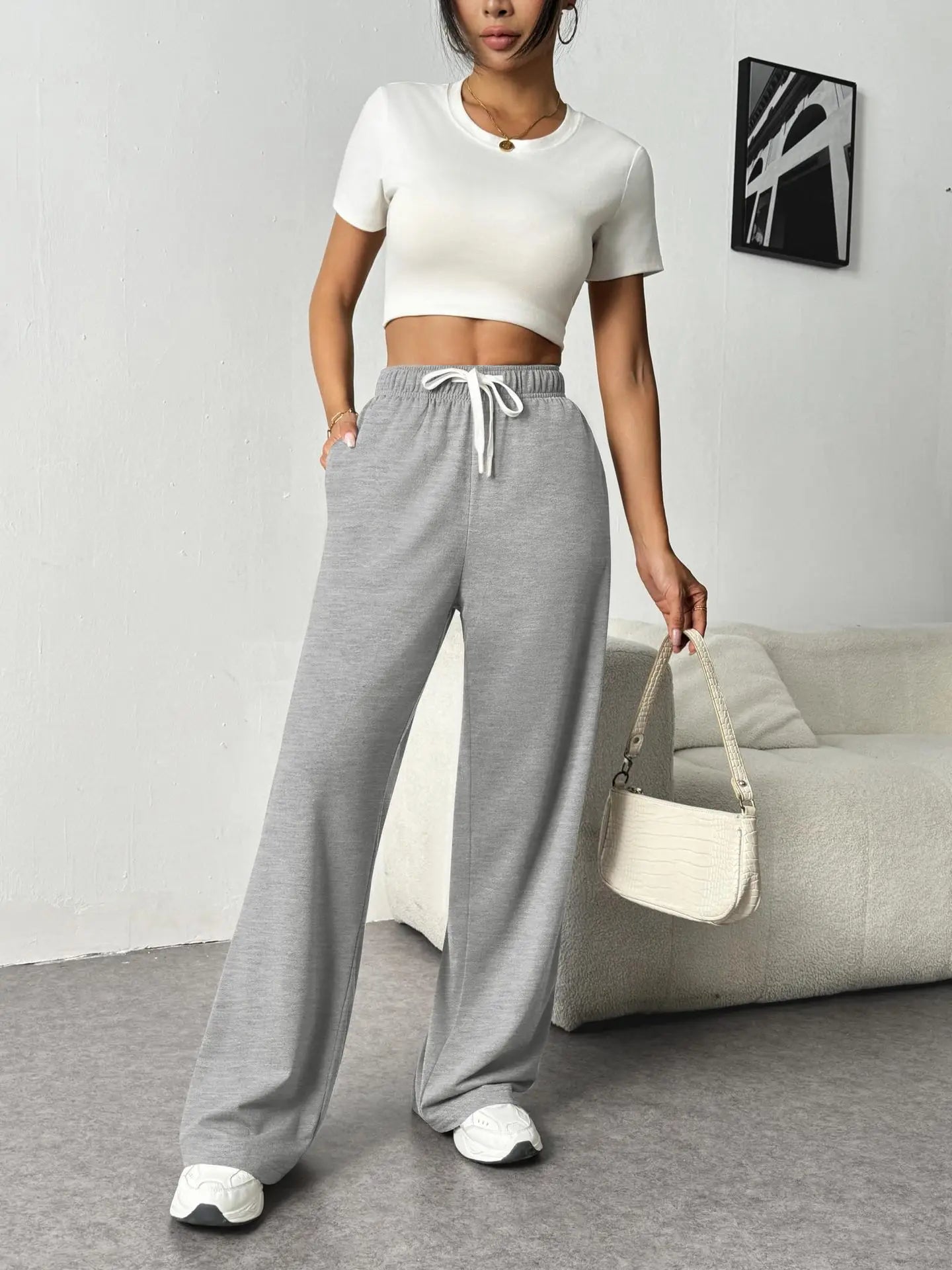 Casual Wide Leg Sports Pants for Women Casual Straight Leg Loose Solid Color Elastic Drawstring High Waisted Wide Leg Pants